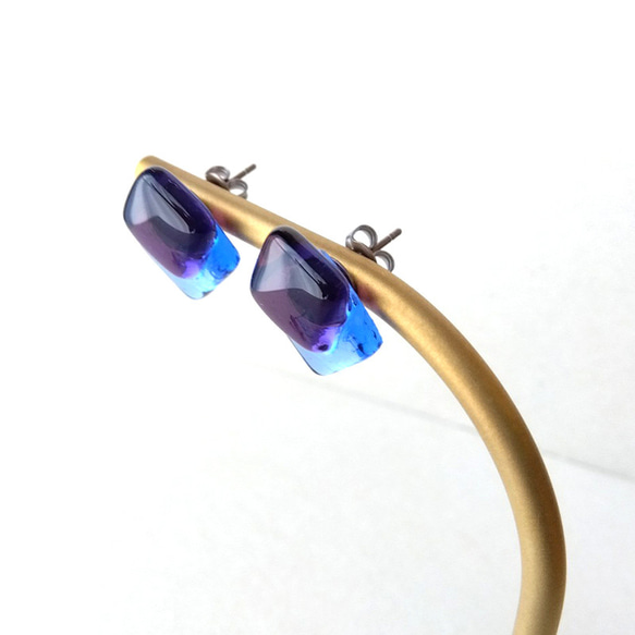 □□青紫ガラスピアス 日本製ハンドメイドガラスステンレスピアスダブルスクエアブルーパープル金属アレルギー対応glass3 9枚目の画像