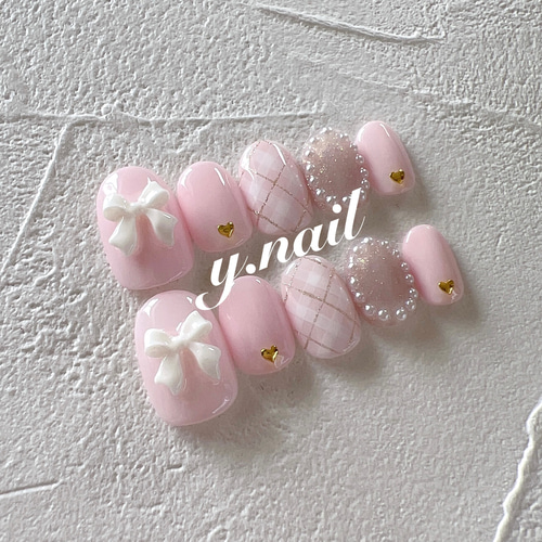 100))手描きネイル ネイルチップ フレンチガーリー リボンネイル チェック柄 8b63ffba0757b6bd23c33f8b615c81