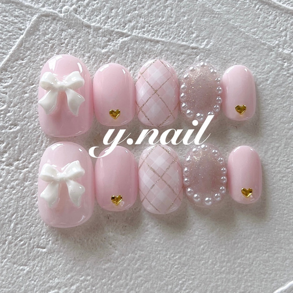 リボンネイル/チェックネイル/ガーリーネイル ネイルチップ