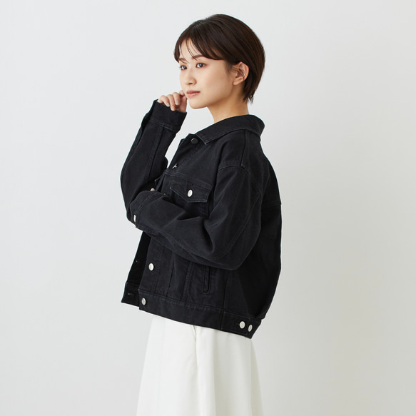 《25%OFF》ゆったり着れるショート丈デニムジャケット　XS,S,Mサイズ　ブラック　やわらか国産デニム 7枚目の画像