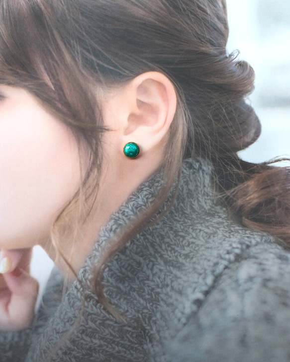 七宝焼 2way mini round doropsピアス ~Emerald green~ 8枚目の画像
