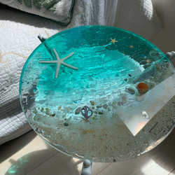 みにむ様専用　エメラルドグリーン　ムーンビーチ ガラスサイドテーブル丸 〜M丸テーブル　ラウンド 4枚目の画像