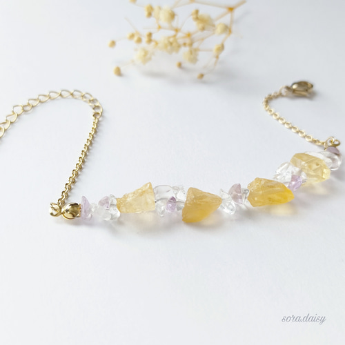 ラフカットシトリン・アメジスト・水晶の華奢な天然石ブレスレット