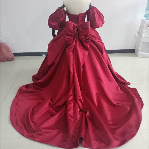 高品質！赤 カラードレス Aライン ベアトップ 取り外し袖 ふっくら  