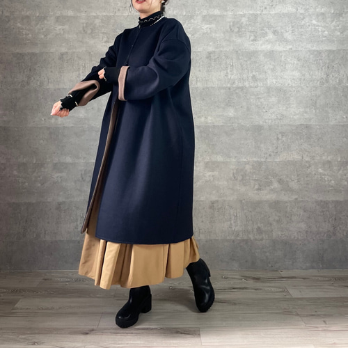 温かいのに軽やか 2wayリバーシブルウールコート ネイビー【FREE