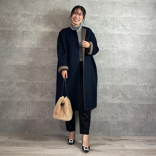 温かいのに軽やか 2wayリバーシブルウールコート ネイビー【FREE