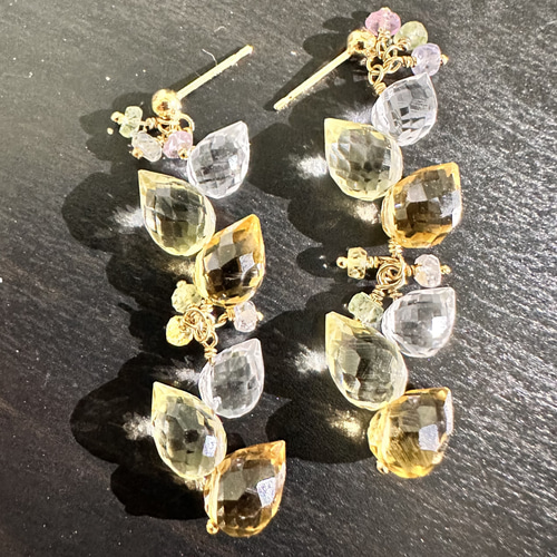 全国どこでも送料無料！ 蕾型 k14gf ビアクォーツ マルチサファイア 水晶 レモンクォーツ ピアス