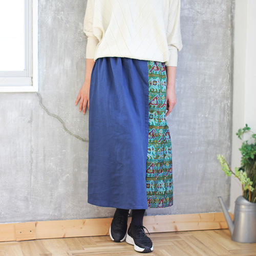 カンタ刺繍シルクとコットンのスリットコンビスカートB フレアスカート