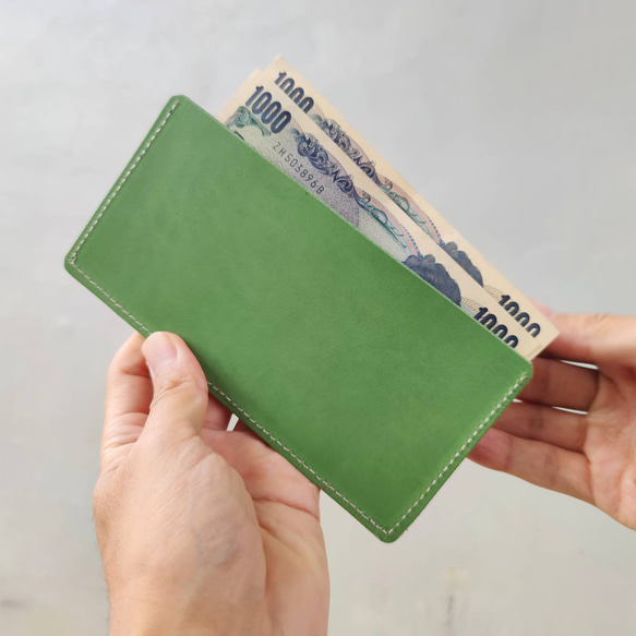 シンプルな本革財布本革 植物タンニンなめしヌメ革グリーンのレザー　財布　札入れ　 2枚目の画像