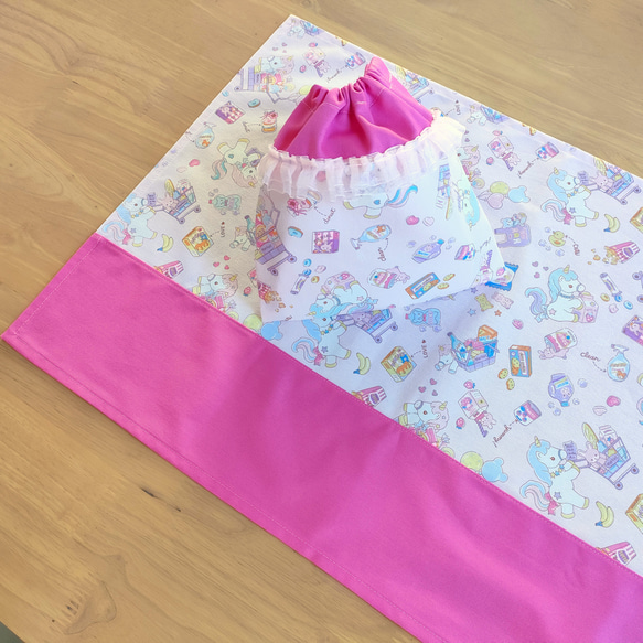 給食セット♡ショッピングユニコーンの給食袋＆ランチョンマット (40☓60)／ピンク 3枚目の画像