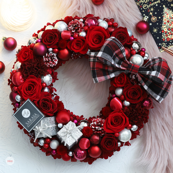 シルバー×ワインレッドのクリスマスリース（直径約32cm） リース