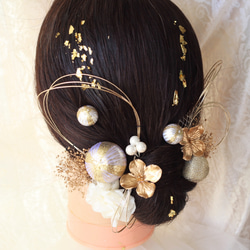 ドライフラワー☆和玉　ヘッドパーツ　成人式  卒業式 髪飾りプリザーブドフラワー 白ホワイト　ゴールド 2枚目の画像
