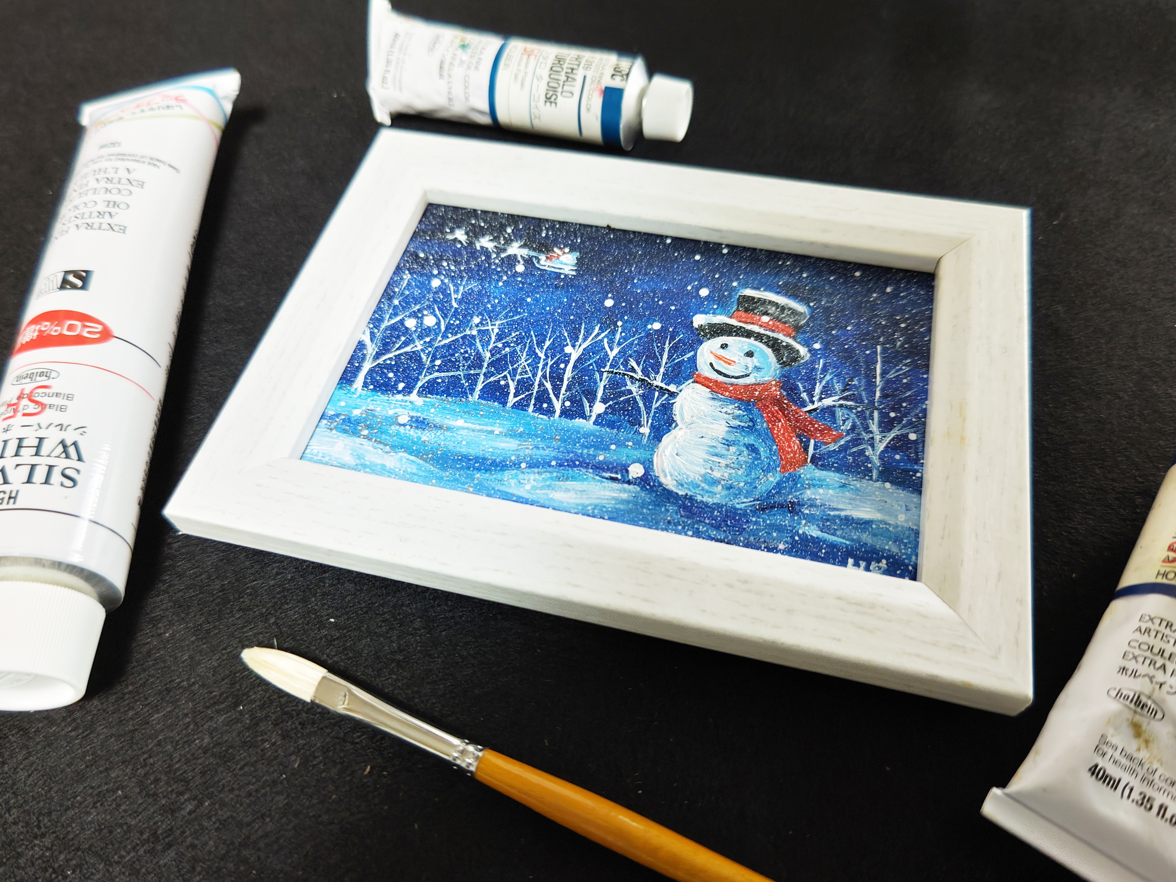 油絵 ミニ絵画【雪だるまとサンタクロース】 絵画 HR 通販