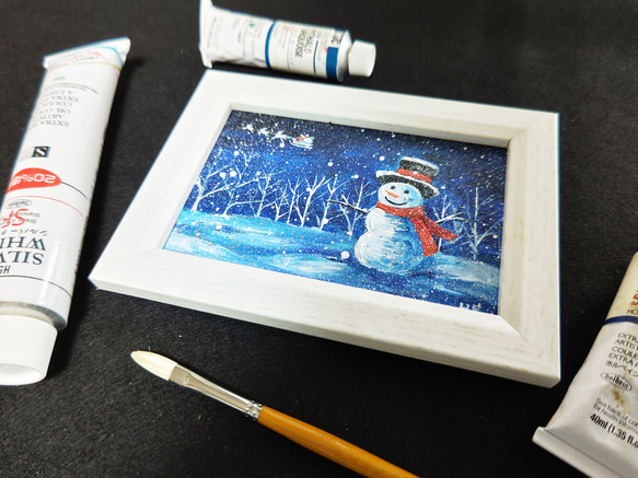 油絵 絵画【雪だるま】 油絵 ミニ絵画【雪だるまとサンタクロース】 - HR | minne