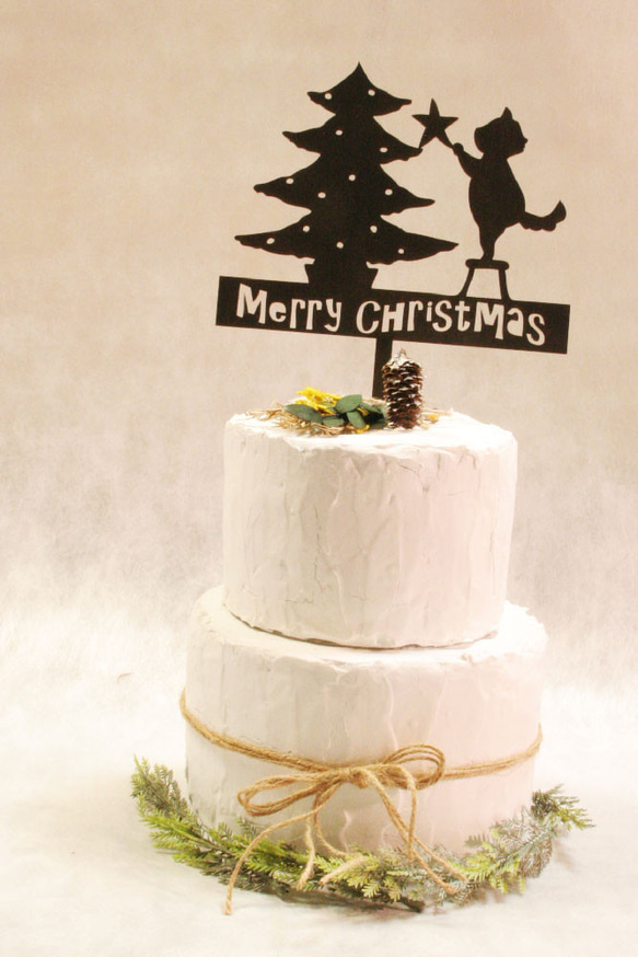 ケーキトッパー Merry Christmas 猫とツリー ブラック【 クリスマス 飾り 木製バナー 】 2枚目の画像