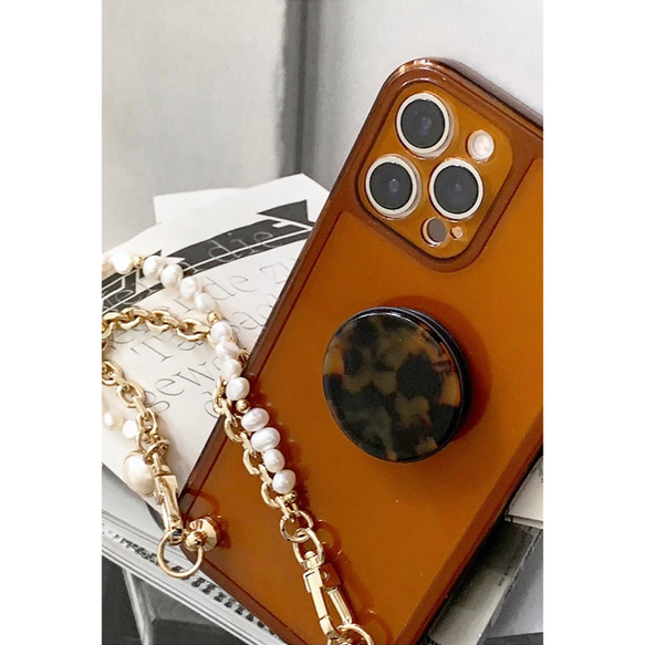 琥珀色ポップソケット ダブルチェーン付き ブラウンバロックパール オリジナルスマホケース オーダーメイド 真珠 レトロ 2枚目の画像
