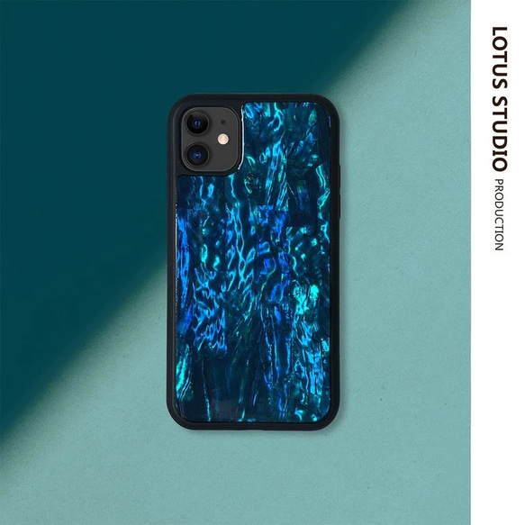 天然シェル♡キラキラ アイリス柄 ブルー オリジナルiPhone