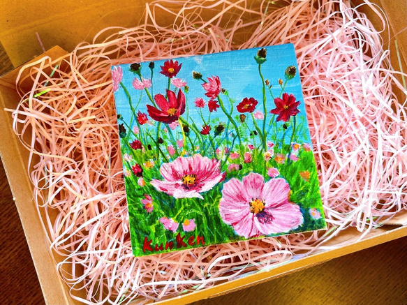 キャンバス油絵　キラ確認　お花と並んでおすまし華ちゃん キャンバス油絵 キラ様専用確認 お花と並んでおすまし華ちゃん