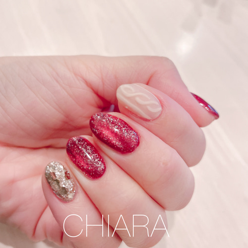 no.629]赤マグネットとニットネイル/冬ネイル/普段使い/バレンタイン