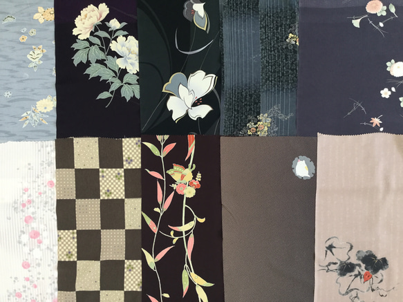 京友禅染【着物はぎれ15枚セット】古典的な花柄やモダンな幾何学柄など 1枚目の画像