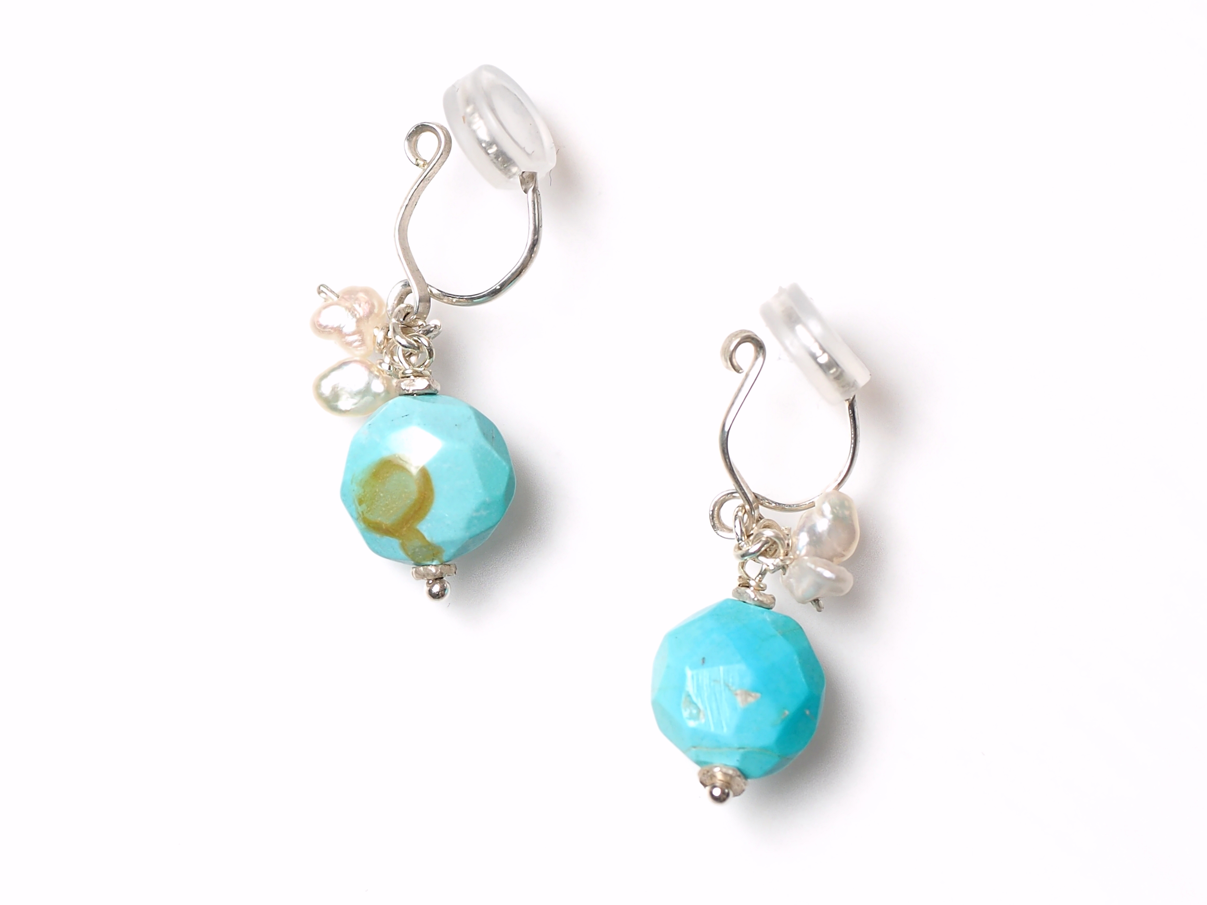 ターコイズx淡水パール シルバーイヤリング silver925 ノンホールピアス