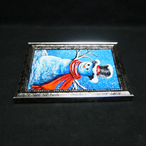 【赤いマフラーの雪だるま】絵画 油彩 油彩画 絵 油絵 A4 赤いマフラーの雪だるまと冬の陽だまり 油絵アート インテリア