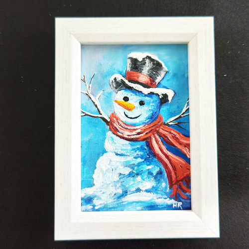 油絵 ミニ絵画【赤いマフラーの雪だるま】 絵画 HR 通販