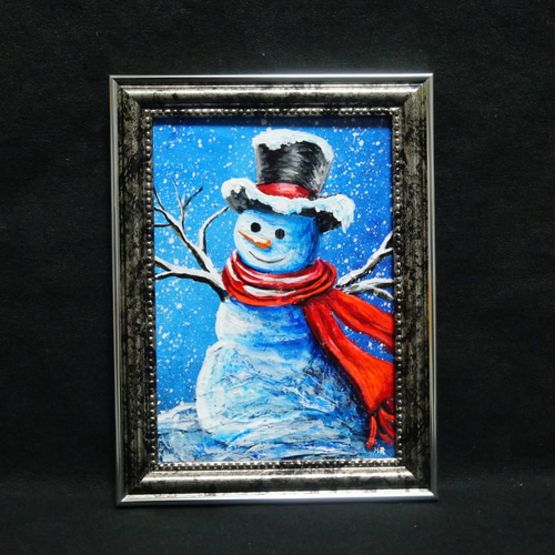 【赤いマフラーの雪だるま】絵画 油彩 油彩画 絵 油絵 油絵 ミニ絵画【赤いマフラーの雪だるま】 絵画 HR 通販 14973614