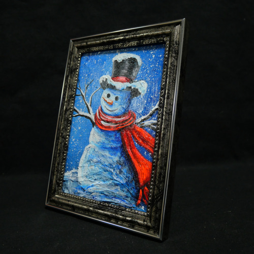 油絵 ミニ絵画【赤いマフラーの雪だるま】 絵画 HR 通販 14973614