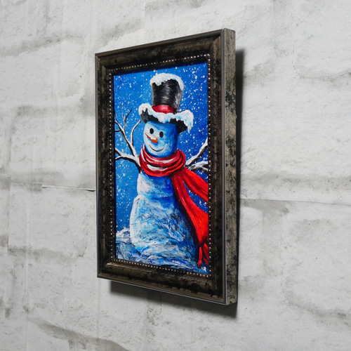 油絵 ミニ絵画【赤いマフラーの雪だるま】 絵画 HR 通販 14973614