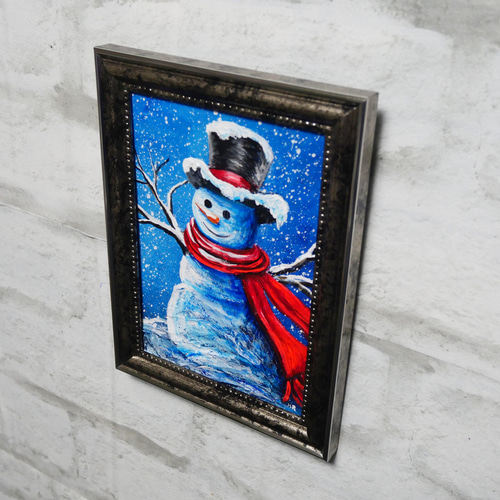 油絵 ミニ絵画【赤いマフラーの雪だるま】 絵画 HR 通販 14973614