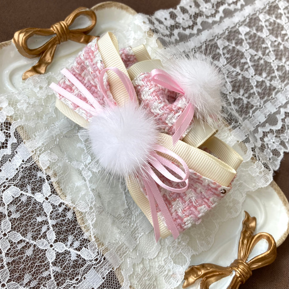 ピンクツイードリボンのバンスクリップ ファー ヘアクリップ しっかり