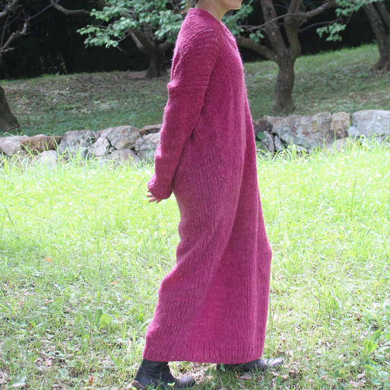手編みモヘアラウンドネックロングワンピース　チェリーピンク