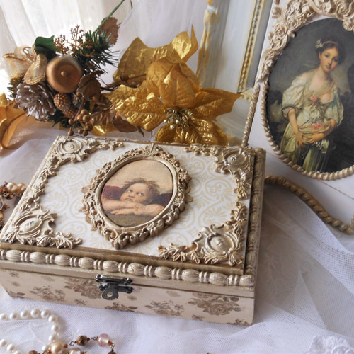 天使柄 デコパージュ 木製ジュエリー ボックス