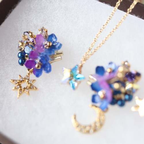 セット》夜空*星と月のピアス／イヤリング＋ネックレス 花 青 紫
