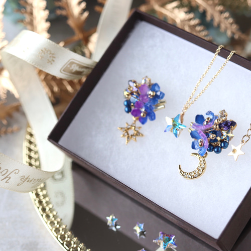 セット》夜空*星と月のピアス／イヤリング＋ネックレス 花 青 紫