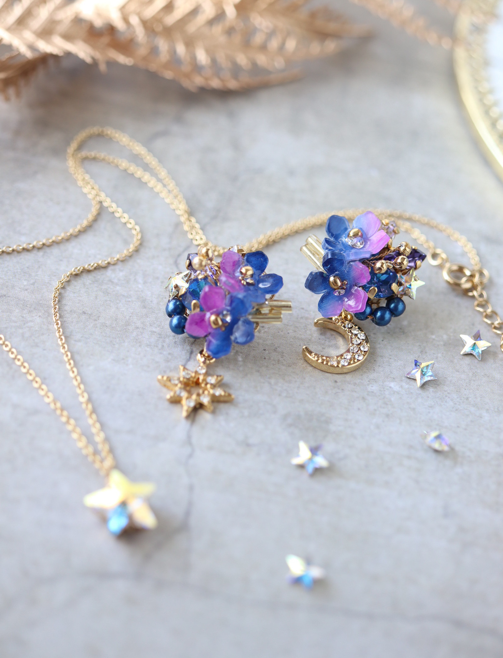 《セット》夜空*星と月のピアス／イヤリング＋ネックレス　　花 青 紫