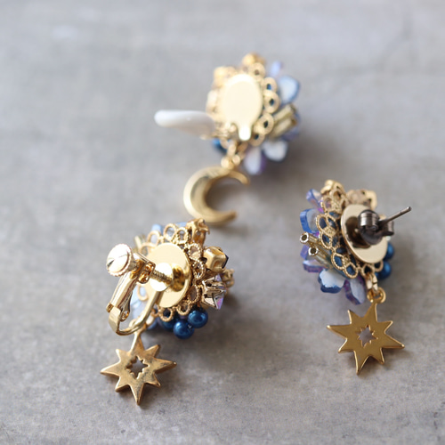 セット》夜空*星と月のピアス／イヤリング＋ネックレス 花 青 紫