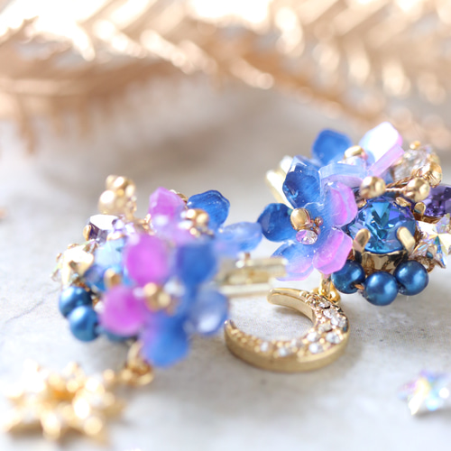 セット》夜空*星と月のピアス／イヤリング＋ネックレス 花 青 紫