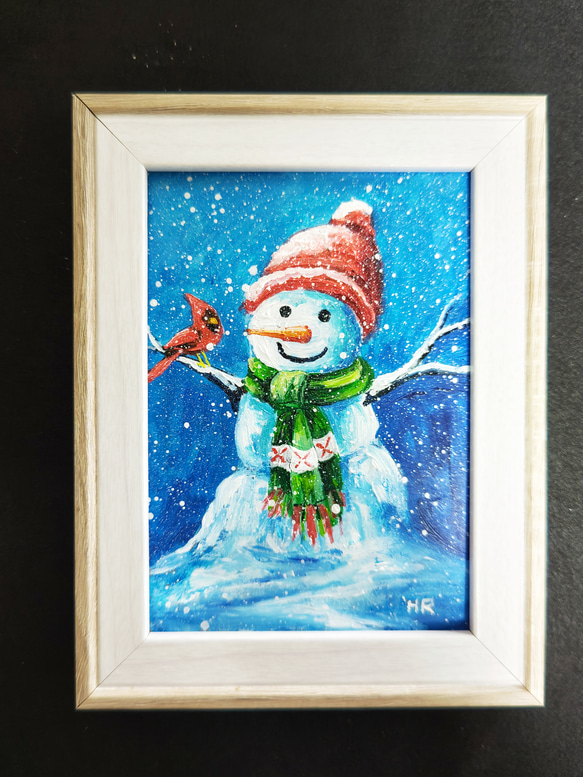 油絵 ミニ絵画【赤い鳥と雪だるまと】 絵画 HR 通販 14974574