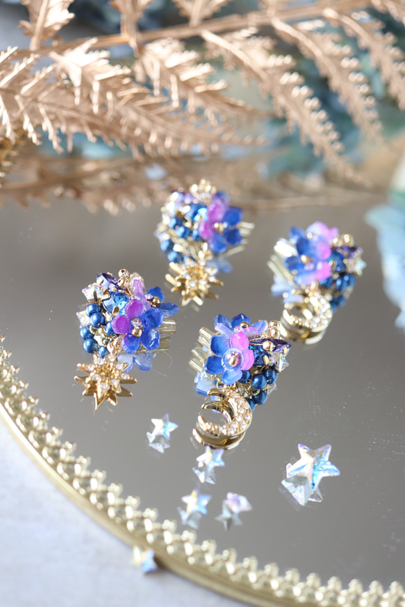 【特色】夜空*星月耳環/耳環，花朵，藍色，紫色 第12張的照片