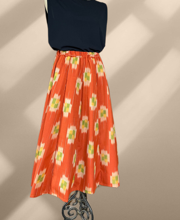 ［SALE］オレンジウール紬のギャザーフレアスカート 5枚目の画像