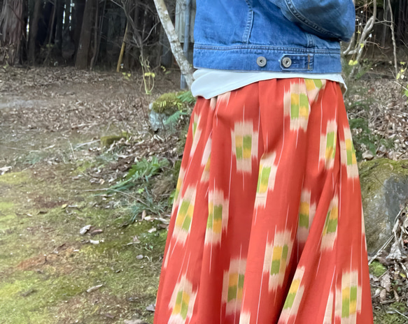 ［SALE］オレンジウール紬のギャザーフレアスカート 3枚目の画像