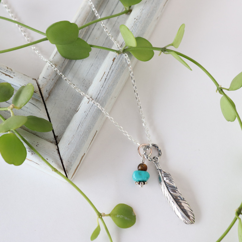シルバー925 フェザーペンダント ターコイズ付き ■送料無料■