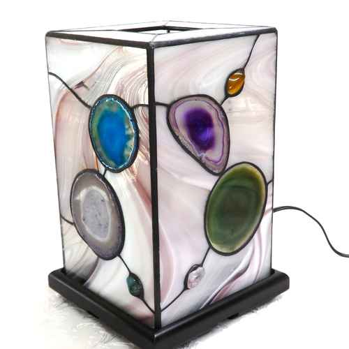 ステンドグラス☆メノウ天然石の小行燈 スタンドライト・テーブル  