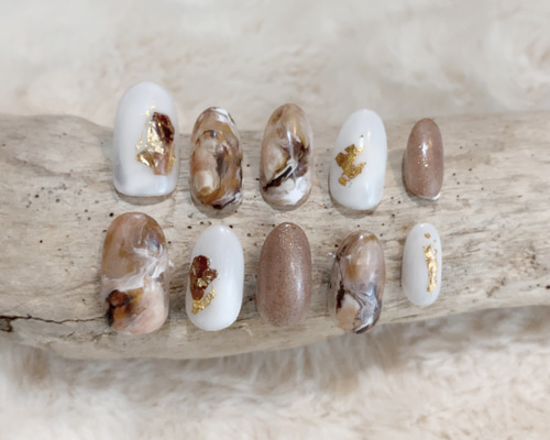 カフェラテ カフェオレ ネイルチップ 茶色 ブラウン マーブル柄 大理石