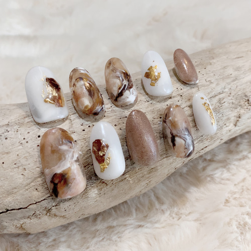 カフェラテ カフェオレ ネイルチップ 茶色 ブラウン マーブル柄