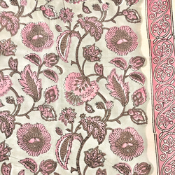 [50cm單位]深灰綠色灰色粉紅色花朵帶一隻耳朵圖案印度手工塊印花織物紡織品 第1張的照片