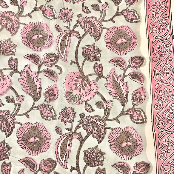 [50cm單位]深灰綠色灰色粉紅色花朵帶一隻耳朵圖案印度手工塊印花織物紡織品 第1張的照片