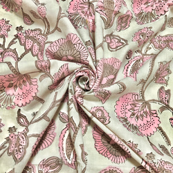 [50cm單位]深灰綠色灰色粉紅色花朵帶一隻耳朵圖案印度手工塊印花織物紡織品 第2張的照片